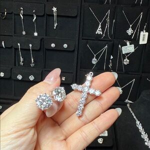 Sparkling Crystal Cross Pendant & Stud Earrings - Silver Tone